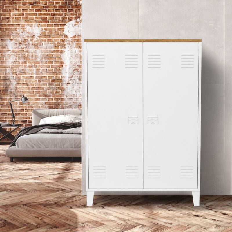 Armoire basse ESTER 2 portes métal blanc et plateau bois design industriel 2