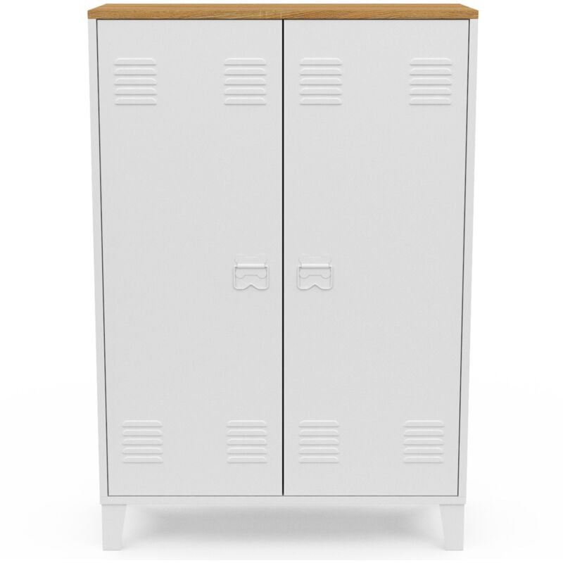 Armoire basse ESTER 2 portes métal blanc et plateau bois design industriel 3