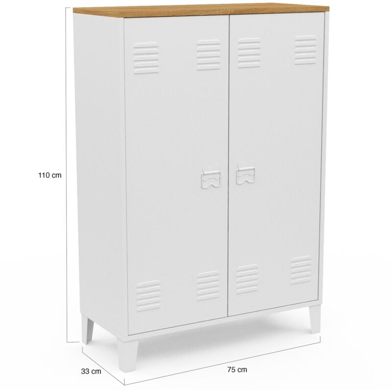 Armoire basse ESTER 2 portes métal blanc et plateau bois design industriel 4