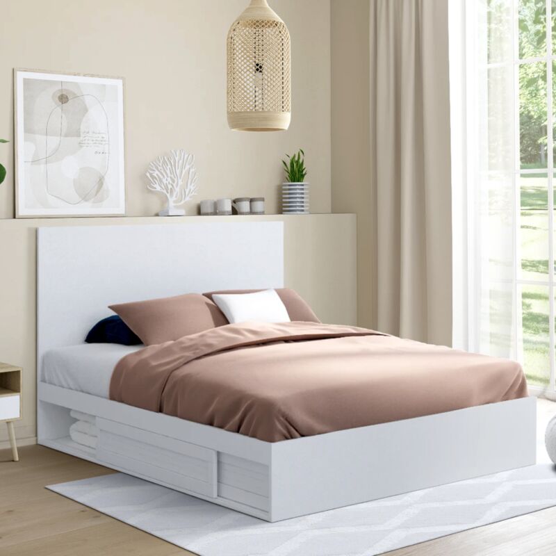 IDMARKET Lit double MELSA avec rangements tête de lit et sommier 140 x 190 cm blanc - Maison IDMARKET Lit double MELSA avec rangements tête de lit et sommier 140 x 190 cm blanc - Maison