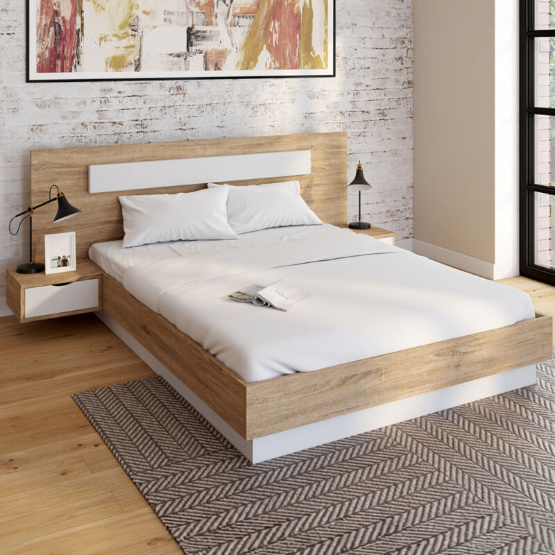 Lit double avec rangements, sommier et tête de lit 140 x 190 cm bois et blanc - SARI Lit double avec rangements, sommier et tête de lit 140 x 190 cm bois et blanc - SARI