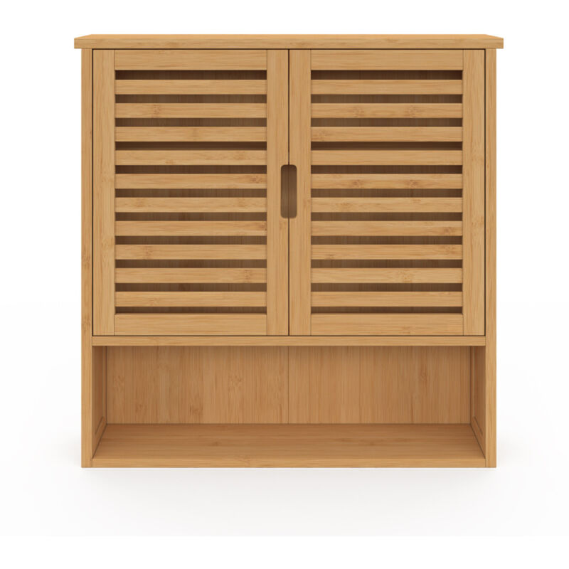 Armoire Salle De Bain Suspendue Relaxdays - Bambou - 55x40x20cm - Étagères Réglables - Porte Reversible