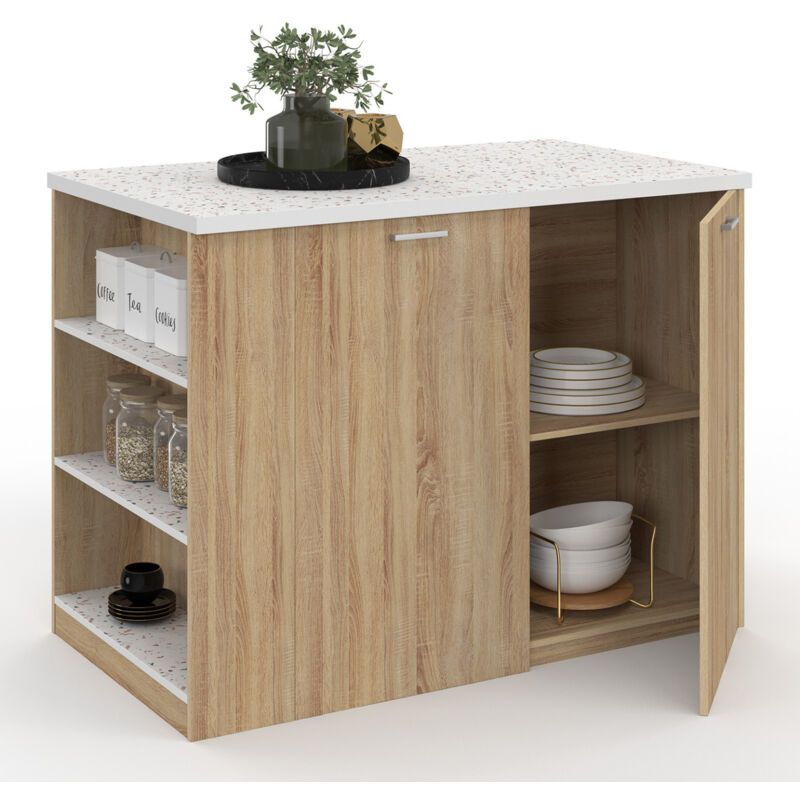 Îlot Central Cuisine 120cm Bois Hêtre - Plan Travail - Rangements Portes Blanches