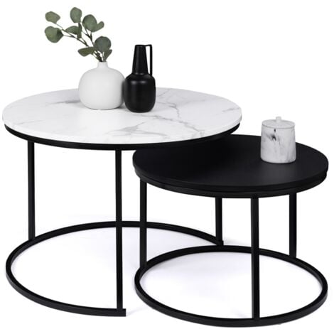 Lot de 2 tables basses gigognes ALASKA rondes 54/70 effet marbre et noir pieds métal