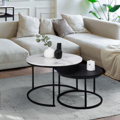 Lot de 2 tables basses gigognes ALASKA rondes 54/70 effet marbre et noir pieds métal