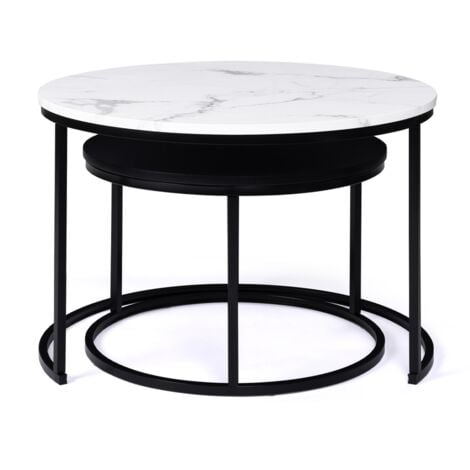 Lot de 2 tables basses gigognes ALASKA rondes 54/70 effet marbre et noir pieds métal