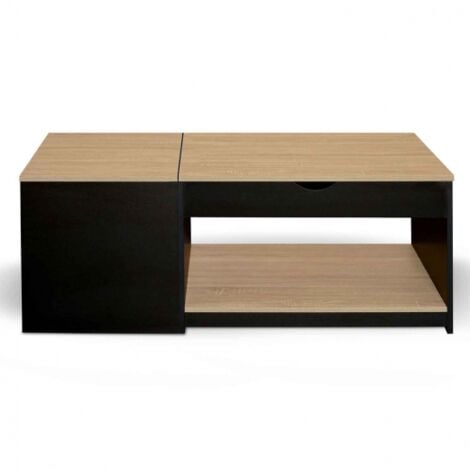 Table basse 2 plateaux relevables rectangulaire EYLA avec coffre bois noir et façon hêtre