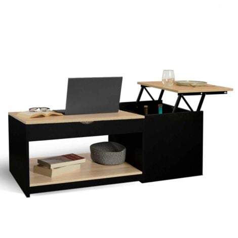 Table basse 2 plateaux relevables rectangulaire EYLA avec coffre bois noir et façon hêtre