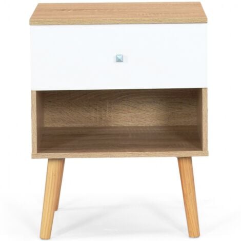 Lot de 2 tables de chevet EMMIE scandinaves 1 tiroir avec niche hêtre et blanc