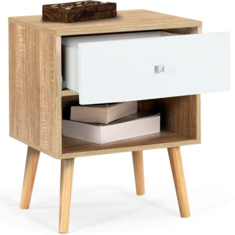 Lot de 2 tables de chevet EMMIE scandinaves 1 tiroir avec niche hêtre et blanc