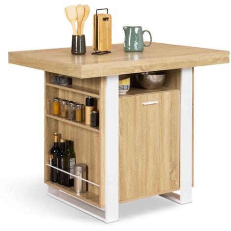 Idmarket – Îlot central 110 cm bois façon hêtre et blanc – Meuble bar avec rangements – 3 étagères et placard central – Design moderne et compact