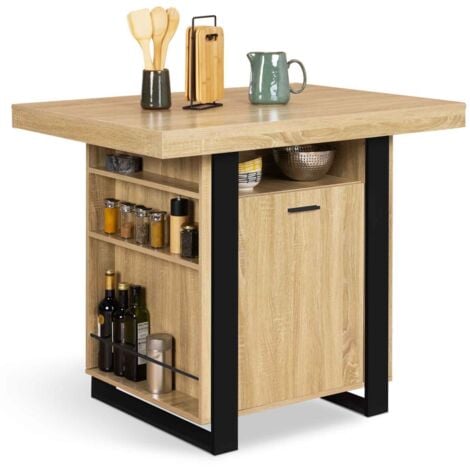 Ilot central PHOENIX 110 cm bois et noir avec rangements