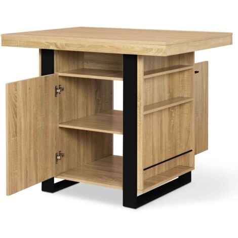 Ilot central PHOENIX 110 cm bois et noir avec rangements