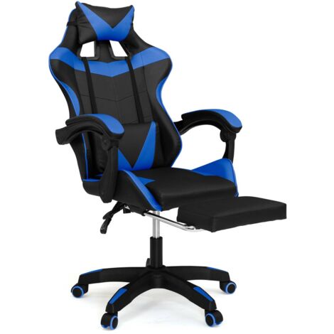 Idmarket – Fauteuil gaming réglable avec repose-pied – Dossier inclinable 135° – Assise large 51x49cm – Coussins ajustables noir et bleu