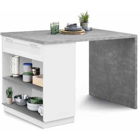 Idmarket – Îlot central mange debout 4 personnes 130 cm – Blanc avec plateau effet béton – Rangement intégré – Montage facile soi-même