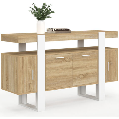Idmarket – Buffet 140 cm 4 portes bois blanc – Style industriel – Rangement optimisé pour salle à manger ou salon – À monter soi-même
