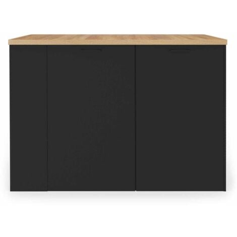 Ilot central TIBO 120 cm bois noir avec plan de travail façon hêtre