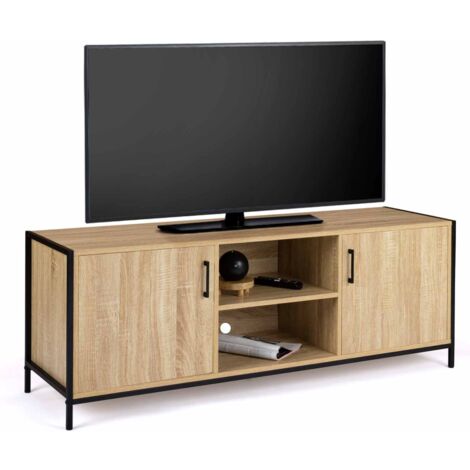 Idmarket – Meuble TV 140 cm bi-matière en bois et métal – Style industriel – Dimensions 140x40x50 cm – Facile à assembler avec passe-câbles