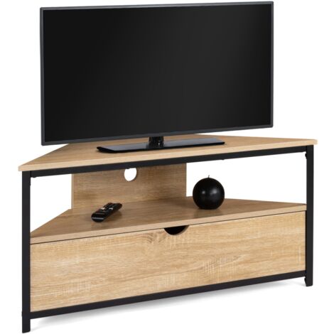 Idmarket – Meuble TV d'angle 100 cm avec placard – Métal et bois – Rangement spacieux avec étagère ouverte – Design industriel
