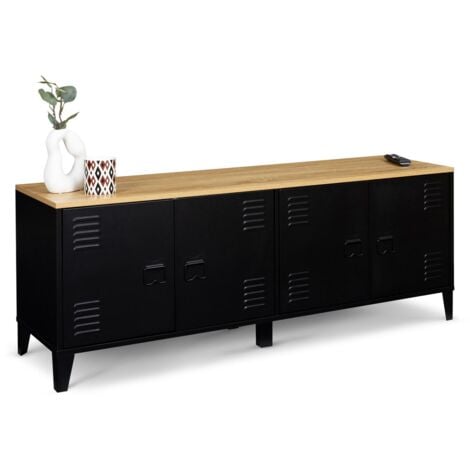 Buffet bas 140 cm ESTER 4 portes métal noir et plateau bois design industriel