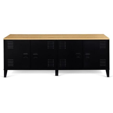 Buffet bas 140 cm ESTER 4 portes métal noir et plateau bois design industriel