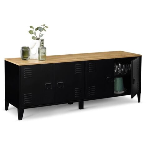Buffet bas 140 cm ESTER 4 portes métal noir et plateau bois design industriel