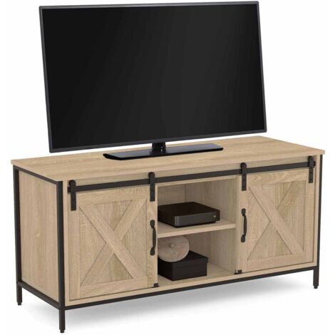 Idmarket – Meuble TV 113 cm avec 2 portes coulissantes façon grange – Design industriel en bois et métal – Dimensions 113x40x50 cm (1/5)