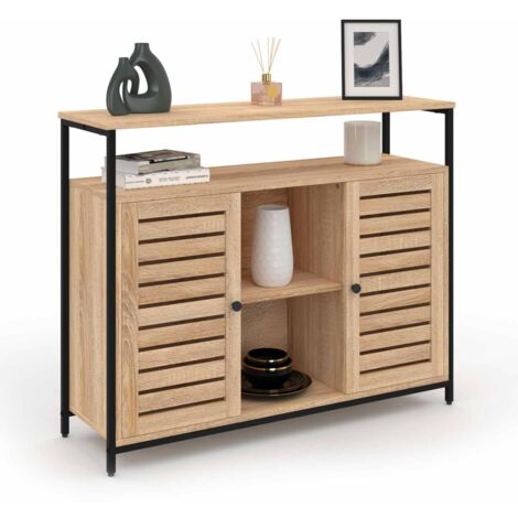Idmarket – Buffet 2 portes persiennes 100 cm – Bois et métal – Style industriel – Rangement pour vaisselle et livres – Meuble à monter soi-même