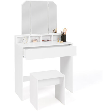 Idmarket – Coiffeuse ZELIA avec miroir triptyque – 4 niches et 1 tiroir – Dimensions 80x40x140 cm – Panneaux de particules de bois blanc (1/5)