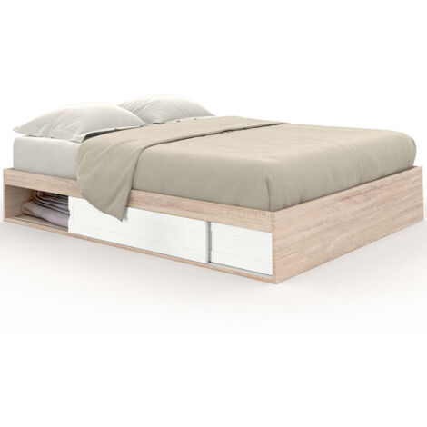 Idmarket – Cadre de lit double avec rangements 140 x 190 cm – Tiroirs sous sommier – Panneaux de particules effet hêtre et blanc – Montage facile