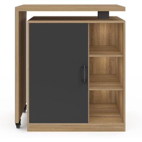 Ilot rotatif POLO meuble de bar pivotant 2 en 1 imitation hêtre porte noire