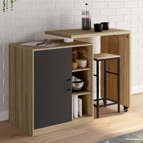 Ilot rotatif POLO meuble de bar pivotant 2 en 1 imitation hêtre porte noire