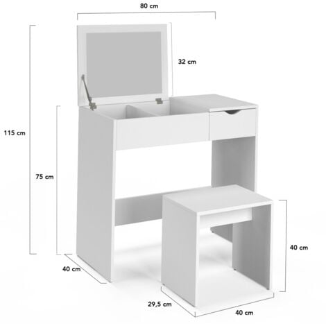 Coiffeuse ZELIA miroir rabattable avec 1 tiroir et 1 tabouret
