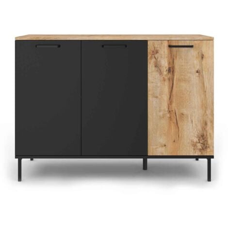 Buffet 110 cm OAKLAND 3 portes bois et noir design industriel