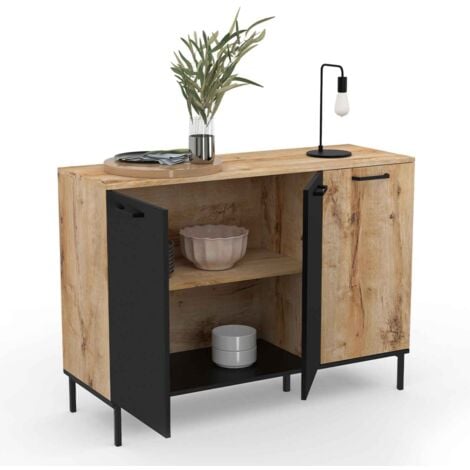 Buffet 110 cm OAKLAND 3 portes bois et noir design industriel