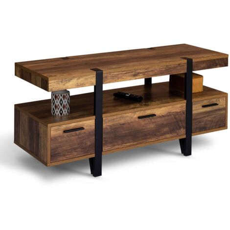 Idmarket – Meuble TV 113 cm bois MDF et métal noir – Pied épingle – Tiroirs avec gestion des câbles – Pour écran jusqu'à 40 pouces