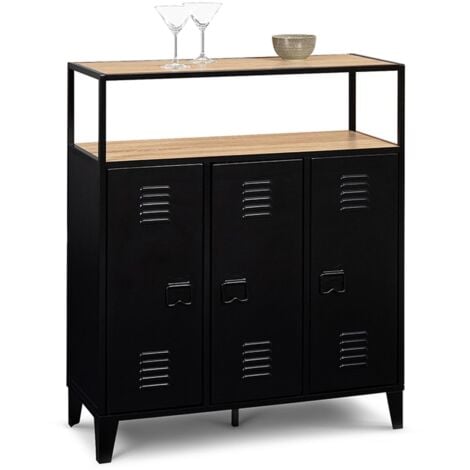 Meuble de bar buffet ESTER 3 portes métal noir et plateau bois façon hêtre
