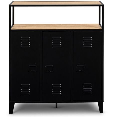 Meuble de bar buffet ESTER 3 portes métal noir et plateau bois façon hêtre