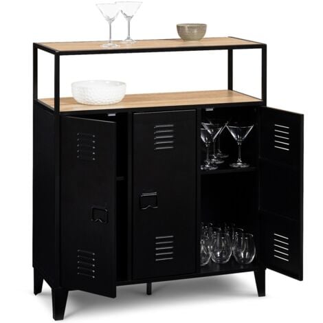 Meuble de bar buffet ESTER 3 portes métal noir et plateau bois façon hêtre