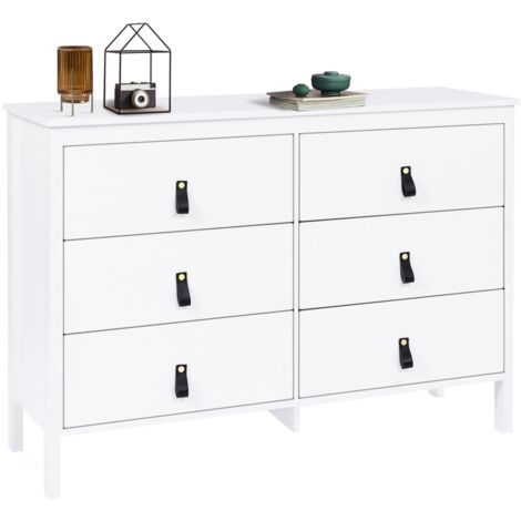 Idmarket – Commode 6 tiroirs 115 cm – Bois blanc avec poignées languette noire – Dimensions 115x40x80 cm – Meuble moderne pour chambre ou bureau