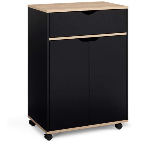 Idmarket – Desserte de cuisine avec tiroir bois noir et plateaux façon hêtre – Longueur 60 cm – 4 roulettes directionnelles pour mobilité