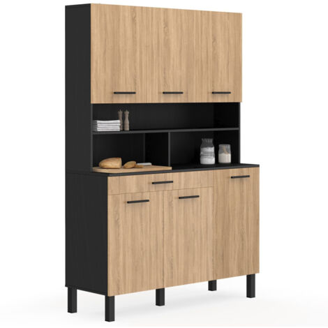 Idmarket – Buffet de cuisine 120 cm – 6 portes et tiroir noir – Panneaux mélaminés – Design moderne façon hêtre – Rangement optimisé