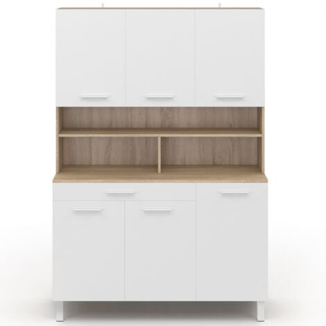 Buffet de cuisine 120 CM CINA 6 portes + tiroir façon hêtre et blanc
