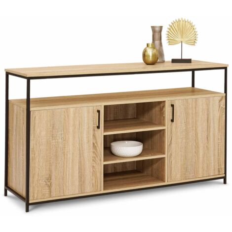 Idmarket – Buffet 2 portes 3 étagères 140 cm – Bois et métal – Style industriel – Rangement salle à manger – Niche et placards ajustables (1/5)