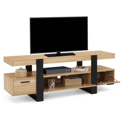 Meuble TV PHOENIX 140 Cm Bois Et Noir - Design Moderne Avec Tiroirs Pratiques