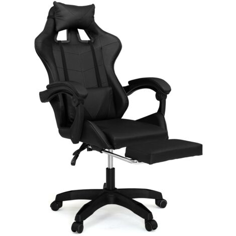Idmarket – Fauteuil gaming noir réglable avec repose-pied – Coussin de tête et lombaire ajustables – Large assise – Dossier inclinable jusqu'à 135°