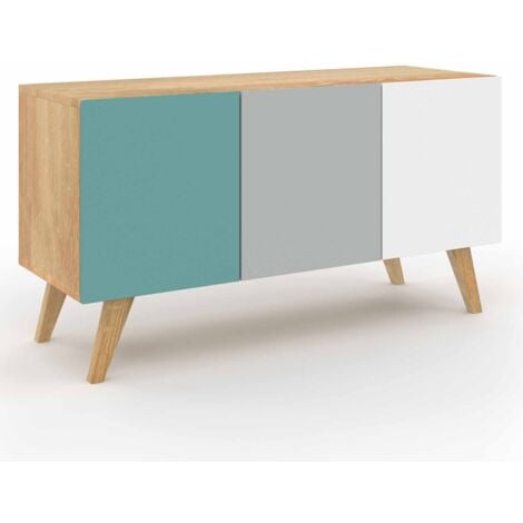 Buffet bas scandinave 113 cm ALICE 3 portes bleu, gris et blanc