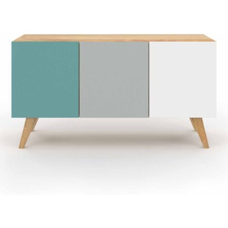 Buffet bas scandinave 113 cm ALICE 3 portes bleu, gris et blanc