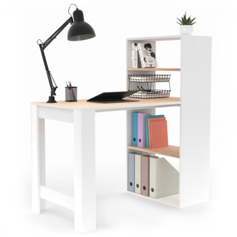 Idmarket – Bureau bibliothèque enfant blanc et façon hêtre – Longueur 113 cm x Largeur 60 cm x Hauteur 120 cm – Étagères ouvertes pour rangement livres