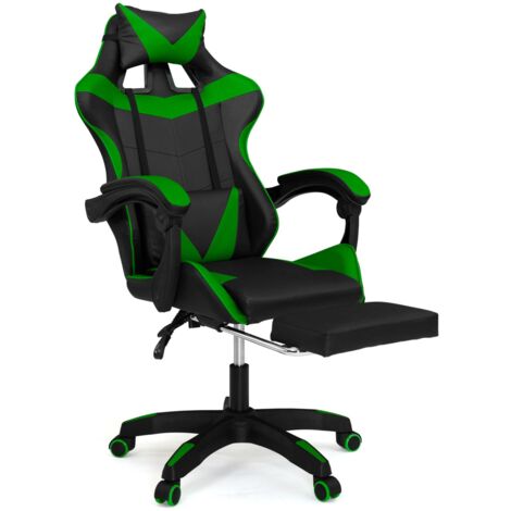 Idmarket – Fauteuil gaming réglable avec repose-pied – Dossier inclinable 135° – Assise ajustable – Accoudoirs ergonomiques – Noir et vert